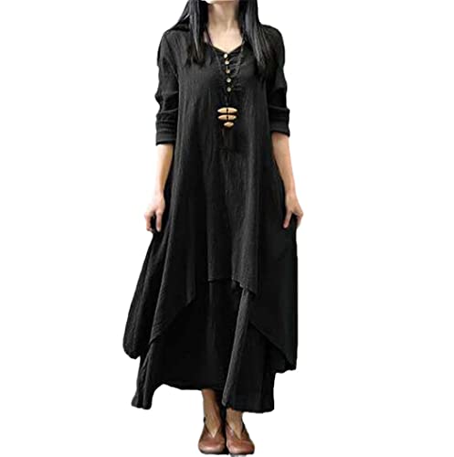 Robe longue en coton de qualité supérieure, ensemble deux pièces col rond noir