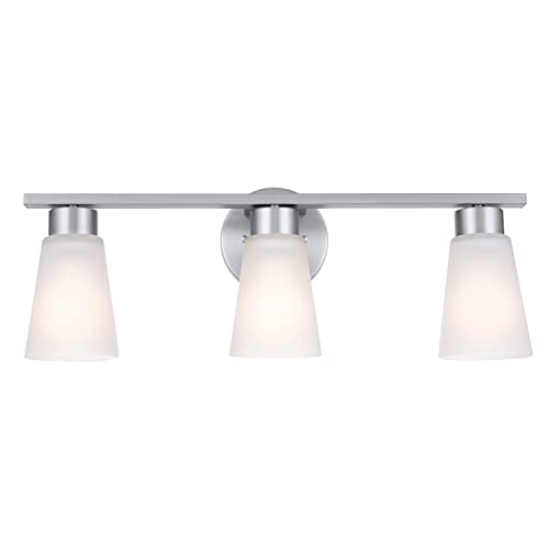 Image of Kichler Stamos 3-Light Bathroom Vanity Light Fixture with Satin Etched Glass Shades, 22 in Modern Wall Mount Light in Brushed Nickel for over Mirror (22 in x 5 in x 8 in), 55121NI