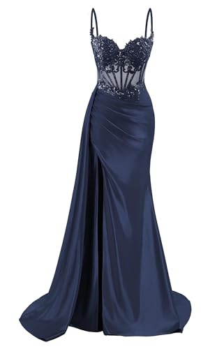 Spaghetti Strap Satin Prom Dresses Long Mermaid Lace Formal Gowns Corset Evening Party Dresses with Slit2