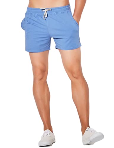 SeekMe Men's Cotton 5" Lounge Shorts Elastic Waist Pocket Jogger Workout Sweat Short(0124-Blue-S-FY)