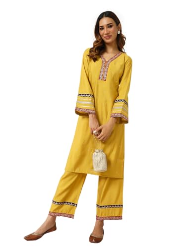 Image of FIORRA Women's Yellow Chanderi Straight Kurta and Palazzo Set