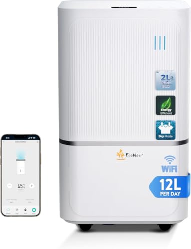 EcoNour 12L/Day Smart WiFi Dehumidifier for Home with Auto-Humidity Sensor LED Display Quiet 24-Hour Timer & Continuous Drainage Laundry Drying Child Lock Protection for Home Bedroom