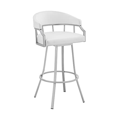 Armen Living Valerie Moderno Butaco Giratorio de 30" de Altura de Asiento en Cuero Sintético Blanco y Estructura de Acero Plateado miniatura 1