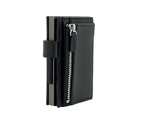 ÖGON Smart Wallet - Portefeuille Cascade Zipper Wallet Snap - Accès instantané aux Cartes - Jusqu'à 8 Cartes + Billets - Aluminium et Cuir Italien - Pochette extérieur pour Monnaie (Titanium Black)