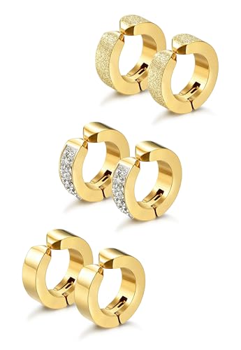 Jstyle 3 Pairs Stainless Steel Mens Womens Hoop Earrings Clip On CZ Non-Piercing