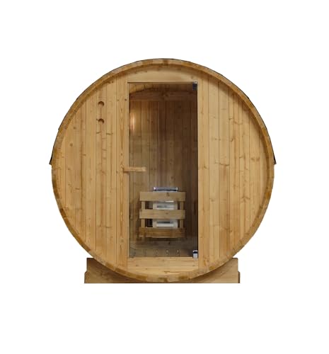 SANOTECHNIK Sauna de barril TROMSÖ M – Sauna exterior para 2 personas, 194,8 × 120 × 191,5 cm, horno Harvia 3,6 kW, madera de abeto, vidrio templado – Número de referencia F50120