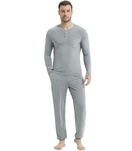 Image of NACHILA Mens Pajamas Set Long Sleeve Henley Sleepwear Top Soft Jogger Pants Pajamas Cool Pjs Set,Viscose Made from Bamboo