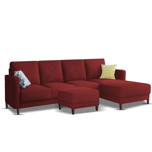 Image of Baloney RHS 6 Seater L Shape Sofa Set with Center Table for Living Room (Maroon Fabric) Premium Fabric Sofa
