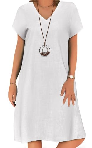 Image of Zeagoo Women's Summer Dress Linen Casual V Neck with Pockets Midi Dresses Short Sleeve Beach A-Line Dress Tunic White XXL