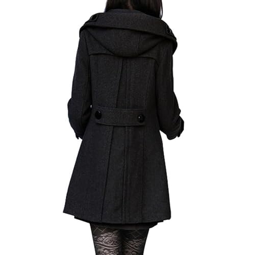 Womens Pea Coat Mid Length Hoodied Double Breasted Overcoat Wool Blend Long Trendy Trench Coat with Hood Winter2