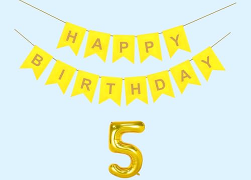 Image of 5th Happy Birthday Decoration Kit Yellow for 5 year Old Boys Girls Baby with Number Five Party Decorations Decor Celebration Items Item Set Combo Reusable Paper Banner