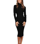 MEROKEETY Women's 2024 Ribbed Long Sleeve Sweater Dress High Neck Slim Fit Knitted Midi Dress