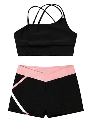 Kids Girls Ballet Jazz Dance Active Outfit Spaghetti Strap Crop Top with Shorts Set Child Summer Swimsuit3