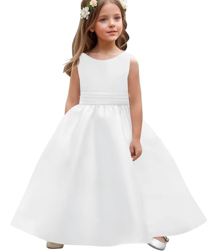 Bow-Knot Flower Girl Dress for Wedding Satin Sleeveless Dresses Crew Neck Princess Evening Party Long Ball Gowns