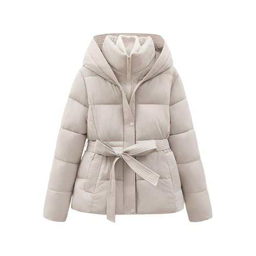 Winterjacke Damen Elegant Steppjacke Kurz Wintermantel Übergangsjacke mit Gürtel Hoody Jacke Einfarbig Mantel Warm Steppmantel Reißverschluss Daunenjacke Winter Kurzjacke...