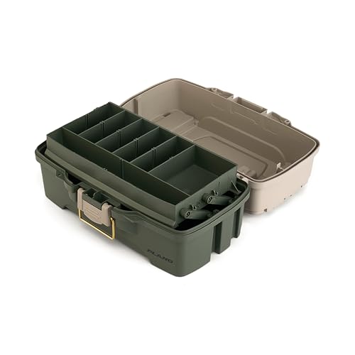 Image of Plano One-Tray Tackle Box, Green /Tan, Rust-Proof Brass Latch, Top-Access Tray with Deep Storage, Made in the USA, Portable Fishing Gear Storage Organizer