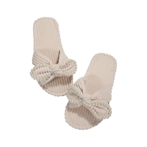 Women Pearl Embellished House Slipper Kink Bow Textured Indoors Slide Lightweight Flat Sandal Casual Shoe