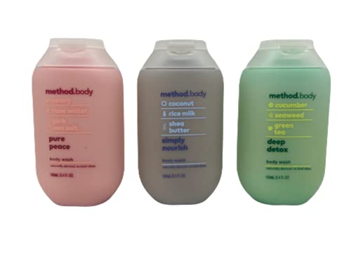 Method Body Wash Set of 3 - Simply Nourish, Deep Detox & Pure Peace (3.4 oz, 100mL each), Gray, Pink, Green, Red