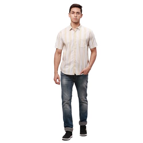 Image of Park Avenue Men's Pure Cotton Chambray Pattern Slim Fit Ainsley Collar Half Sleeve Casual Shirt