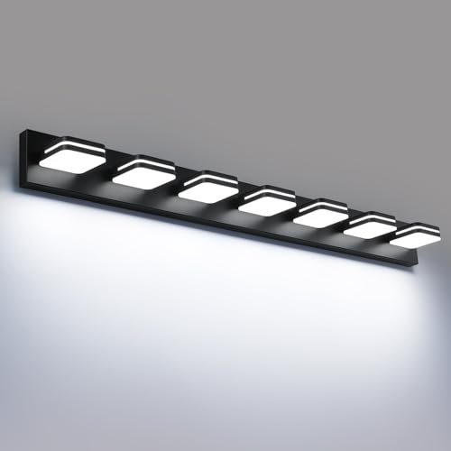 Image of Torondo 360 Rotate LED Bathroom Vanity Light Fixtures, Acrylic Vanity Lights for Bathroom, Modern Wall Lighting Fixtures Over Mirror Living, Matte Black, Natural White, 7-Light, 46-Inch