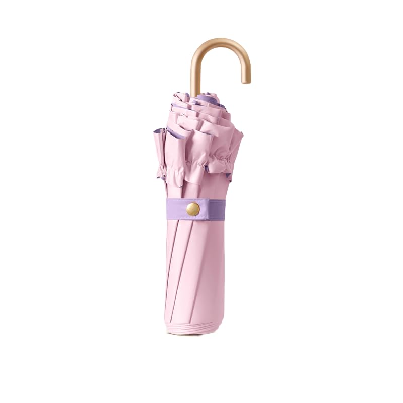 Reise Regenschirm mit Blumenrand Rüsche & Goldener Hakenbügel – 8-Rippen Faltbarer Taschenschirm für Damen/Kinder, Teflon-Beschichtung mit UV 50+ Schutz, Leicht & Kompakt für Tasche/Rucksack