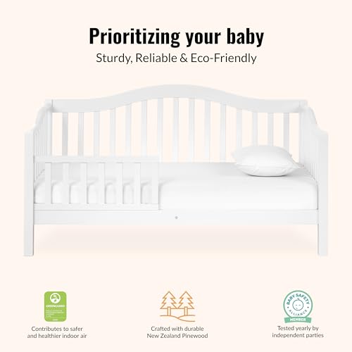 Image of Dream On Me Austin Wooden Toddler Day Bed for Kids, White | GREENGUARD Gold Certified & BSA Verified, Low-to-Floor Design, Removable Safety Guardrail, Solid New Zealand Pinewood