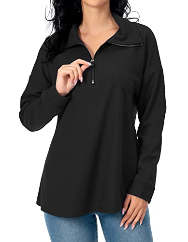 Image of Womens Trendy Casual Long Sleeve Collared Waffle Knit Tops Fall Winter Soft Lightweight Quarter Zip Pullover Sweaters