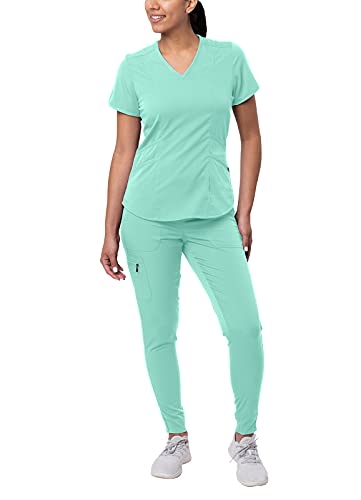 Adar Pro Modern Athletic Scrub Set for Women - Modern V-Neck Scrub Top & Yoga Jogger Scrub Pants - P9500 - Aqua - M