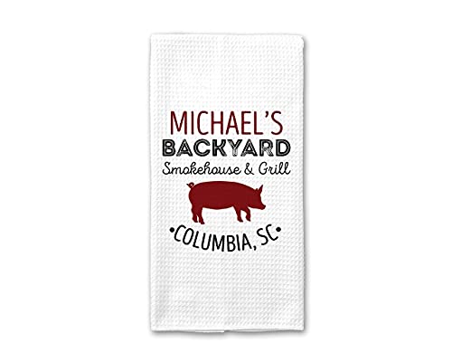 Backyard Smokehouse & Grill Towel | Waffle Weave Dish Towel | Personalized Kitchen Towel | Men Grilling Gift | Personalized Dish Towel | Barbecue Gift | Mens Kitchen Gift Fathers Day