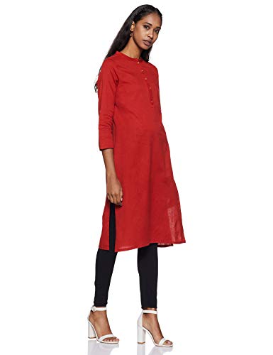 Image of W for Woman Cotton Yellow Solid Mandarin Collar Straight Kurta