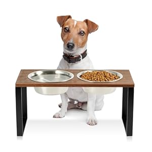 GUUSII HOME Porte Gamelle Chien Surelevee Hautepour Chiens INOX Gamelles Double 900ml Facile à Assembler Durable Bois Support en Métal Antidérapant 42.5 * 20 * 20.5cm (Braun, M)