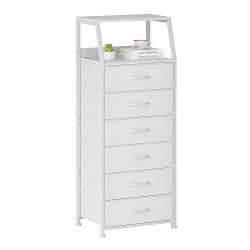 Cómoda con 6 cajones de tela, armario de almacenamiento para dormitorio, panel de madera de 2 niveles, mueble industrial para salón, habitación infantil, pasillo, color blanco