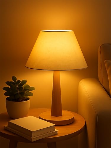 Image of Modern Wooden Table Lamp with Fabric Shade | Warm Ambient Lighting for Bedroom, Living Room & Home Decor | Bedside Nightstand Lamp with Soft Glow | Minimalist Design (Beige)