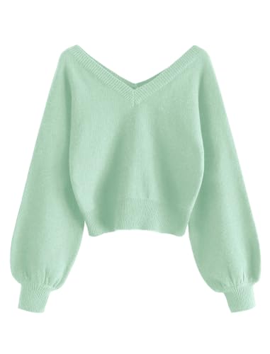 Image of ZAFUL Women's Cropped Sweater V-Neck Long Sleeve Pullover Jumper Knit Top | Crop Length, Ribbed Knit, Double V design, White sweater, Raglan sleeves, lantern sleeve, Fall & Winter, Loose fit, Oversized