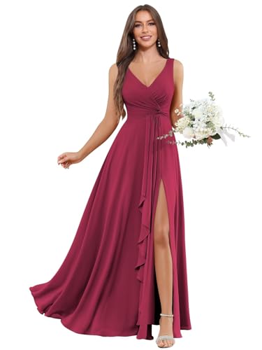 Image of BOLENSYE Bridesmaid Dresses Long Ruched Ruffles Chiffon A Line Evening Party Gown with Pockets Slit