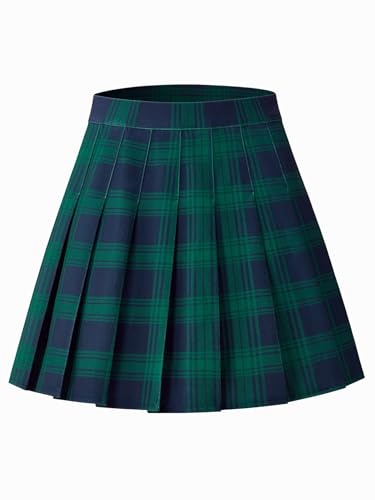 Image of Shestellar Stretchy Short Pleated Skirts for Women Cheerleader Uniform High Waist A-line Mini Skirt Green Plaid S