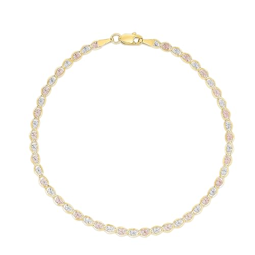 Floreo 10k Tri-Color Gold 3mm Valentino Heart Link Chain Bracelet