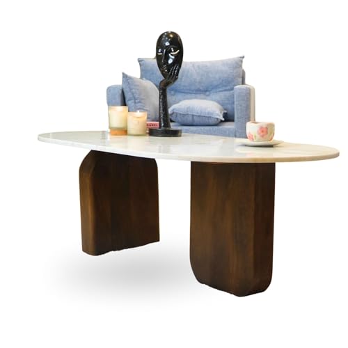 Image of Gharaana Ohana Wooden Modern Centre Table for Living Room (40x20x16 inch) Solid Mango Wood, White Marble Top | Chestnut Brown | Rectangular Luxury Coffee Table