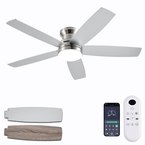 NKPU 48Inch Flush Mount Ceiling Fans with Lights and Remote/App Control, Reversible DC Motor, Dimmable LED, Dual-Sided Blades, Low Profile Modern Ceiling Fan for Indoor Outdoor Use(Nickel)