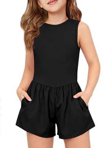 Haloumoning Girls Athletic Romper Kids Sleeveless Tennis Yoga Jumpsuit Sports Dance One Piece Outfits with Pockets