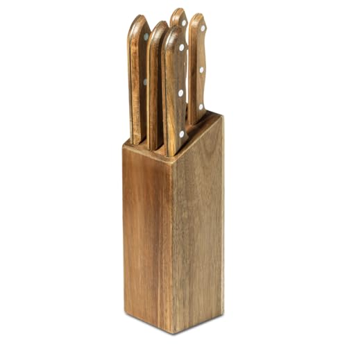 TIENDA EURASIA – Tacoma con Cuchillos | Taco para 5 Cuchillos | Madera y Acero Inoxidable | Color Marron | Cuchillos Cocina | Soporte Cuchillos Cocina | Medidas 8 x 8 x 35 cm | Porta Cuchillos Cocina
