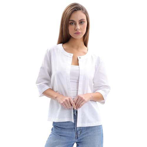 Amazhiyu Linen Cotton Open Front Cropped Cardigan with Elbow Sleeves, Solid Color Summer Jacket for Beach & Casual Wear White Medium