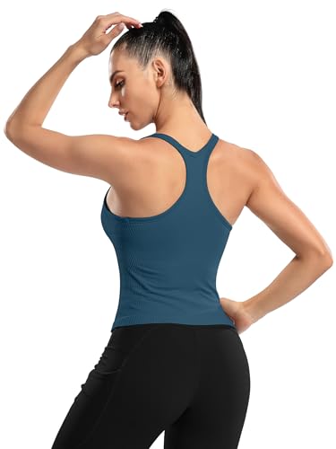 Image of ATTRACO Ribflex Ribbed Workout Crop Tops with Built in Bra for Women Yoga Racerback Tank Top Slim Fit