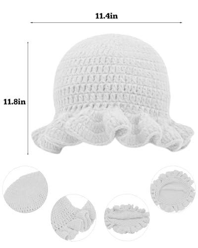 Image of Women Crochet Bucket Hat Cute Winter Ruffled Brim Floppy Cap Handmade Knit Cloche Hats