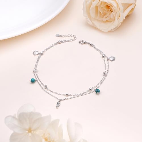 Image of Ladytree S925 Sterling Silver Boho Beach Double Layer Anklets Bracelet for Women Adjustable 9 to 11 inches