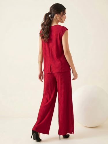Image of Selvia Lycra Red V Neck Top and Trouser Set, Co ord Set for Women Stylish