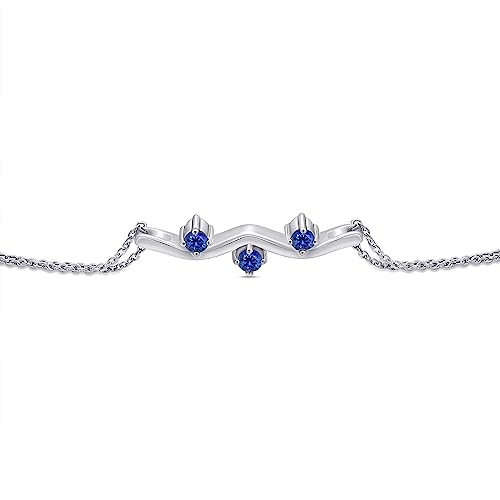 Affy Round Shape Simulated Blue Sapphire Three Stone Bar Link Chain Bracelets In 14K White Gold Over Sterling Silver -8.5" #TOP14