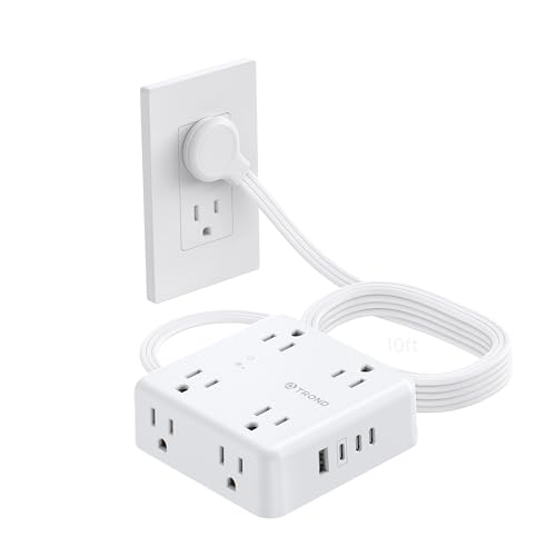 Image of TROND Surge Protector Power Strip, 10FT Flat Plug Extension Cord with 8 Outlets & 4 USB Ports (3 USB C), 1625W, Wall Mount Outlet Extender for Home Office Dorm Room Essentials, White