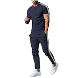 Generisch 2024 Pantalones de Hombre de Rayas Laterales Moda Casual Cuello Redondo Pantalones de Manga Corta Conjunto de 2 Piezas, marine, M