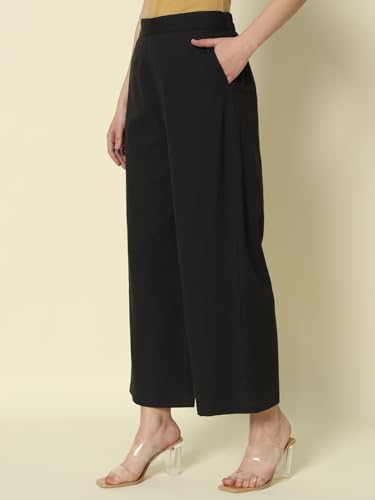 Image of FIORRA Womens Loose Mid Rise Cotton Solid Palazzo